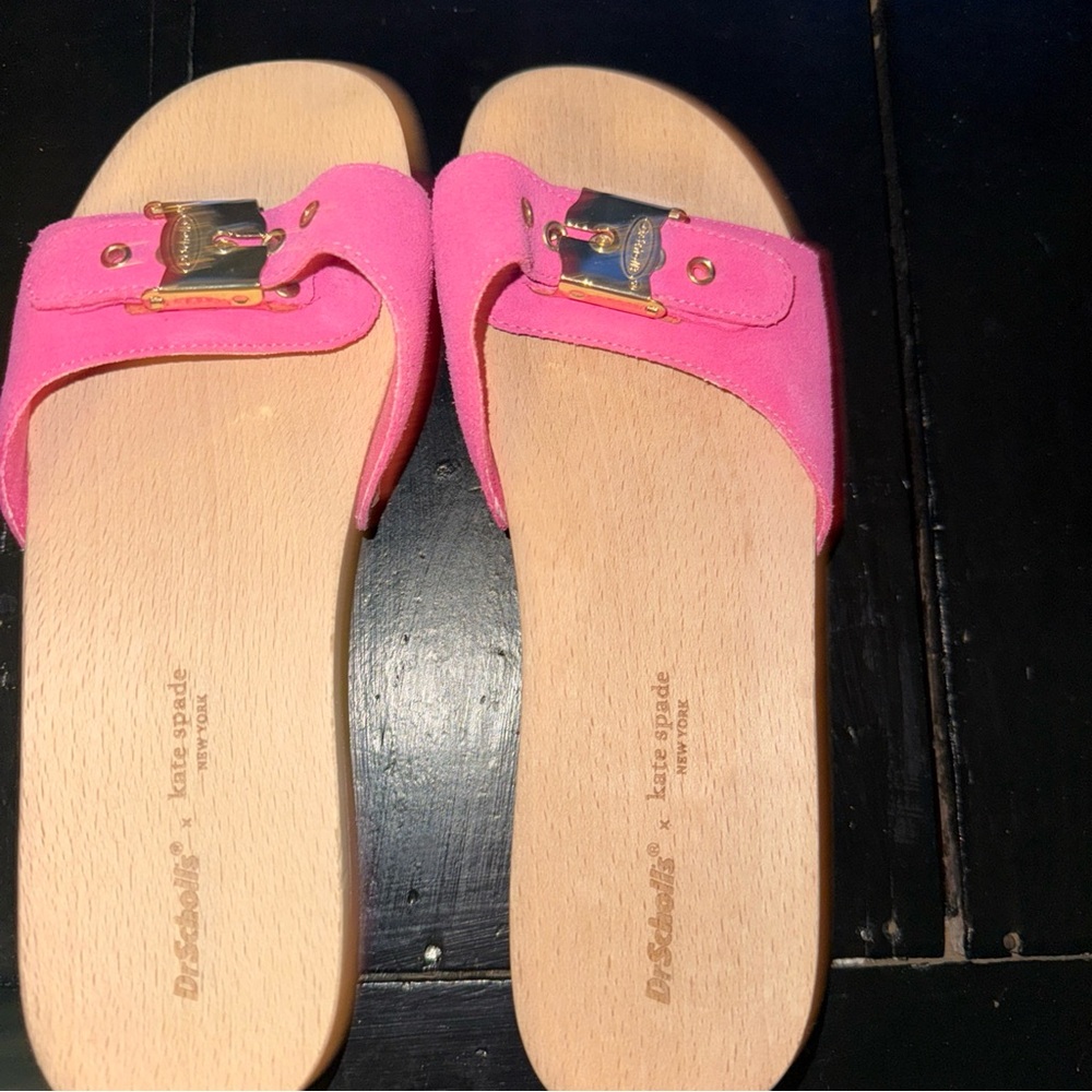 Kate Spade Vibrant Pink Mules with Gold Buckle Dr. Scholls.
